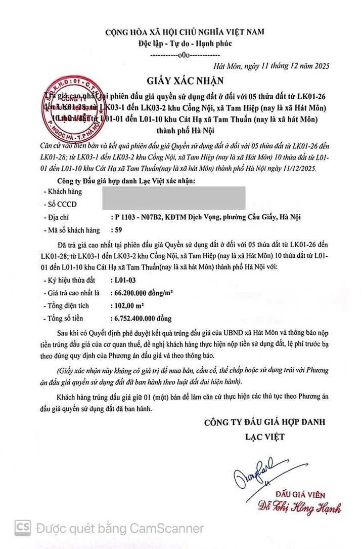 Đất đấu giá xã Hát Môn, Phúc Thọ, 102m² giá 6.62 tỷ - Vị trí đắc địa chờ bạn!