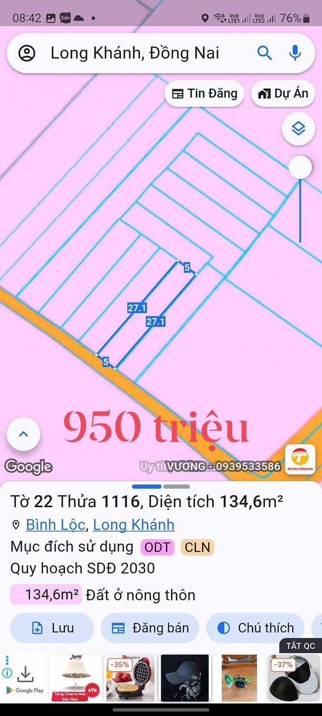 Đất nền Bình Lộc, Long Khánh 135m² giá 950 triệu - Sổ riêng, thổ cư 100%!