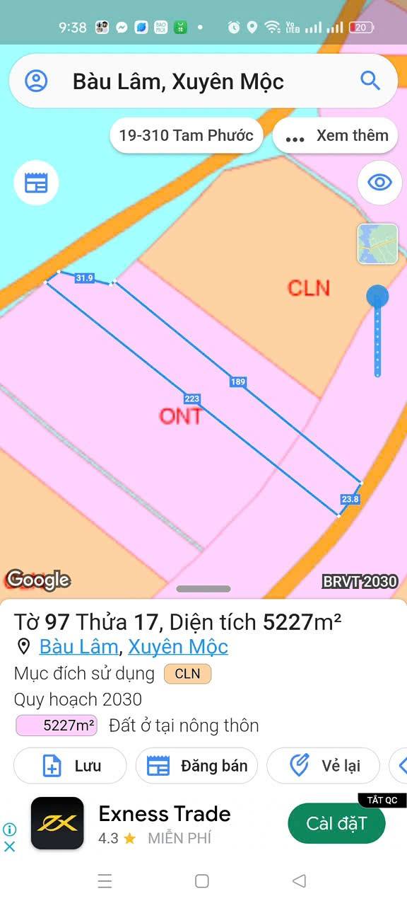 Đất Bàu Lâm Xuyên Mộc 20.000m² giá 1.1 tỷ - Đầu tư sinh lời ngay!