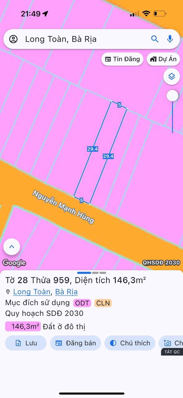 Lô đất đường Nguyễn Mạnh Hùng, Bà Rịa 146.2m² giá chỉ 2.9 tỷ - Sổ hồng riêng, chính chủ!