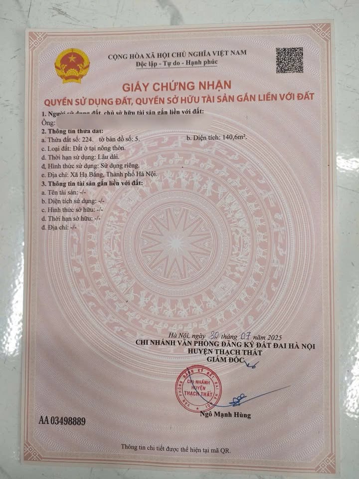 Đất nền Hạ Bằng, Thạch Thất 140.6m² giá 40 triệu/m² - Đầu tư sinh lời cao!