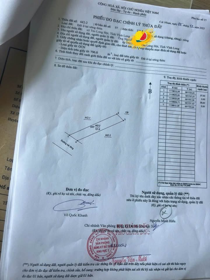 Đất nền thổ cư 121.8m² tại Tân Long Hội, Vĩnh Long - Giá chỉ 220 triệu!