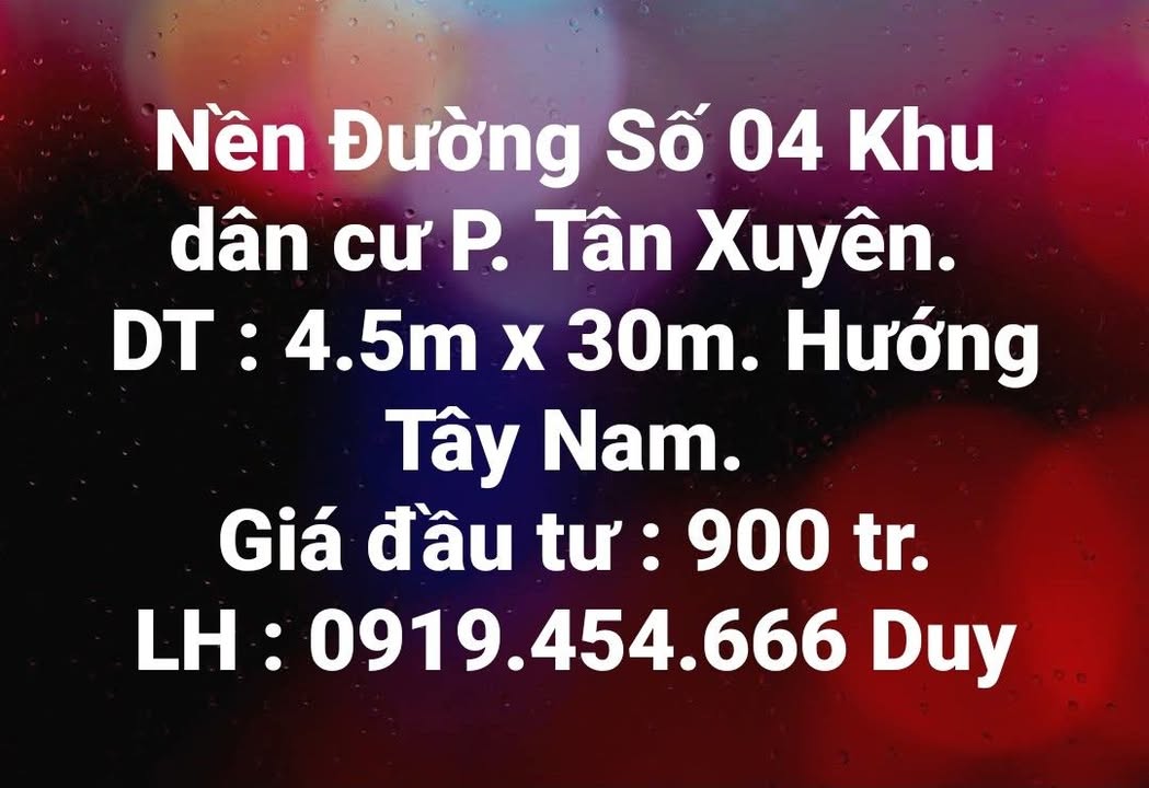 Đất nền Đường Số 04, Tân Xuyên, Cà Mau 135m² - Giá đầu tư chỉ 900 triệu