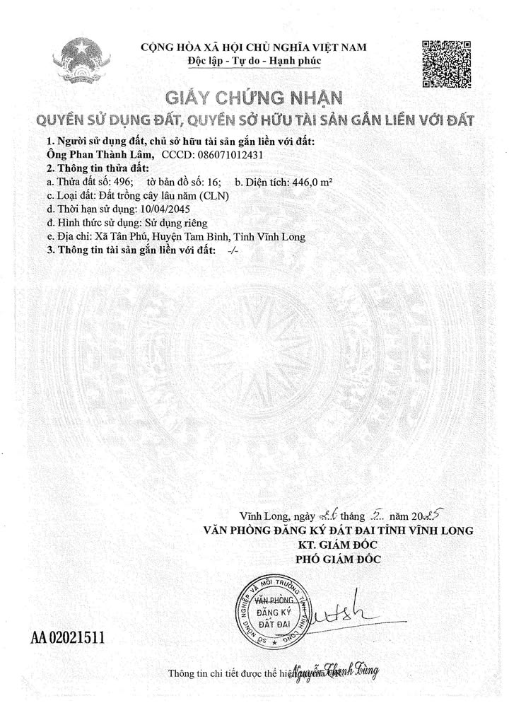 Đất nền mặt tiền đường Liên Xã Tân Phú, Vĩnh Long 754m² giá 1.3 tỷ - Cơ hội đầu tư hấp dẫn!