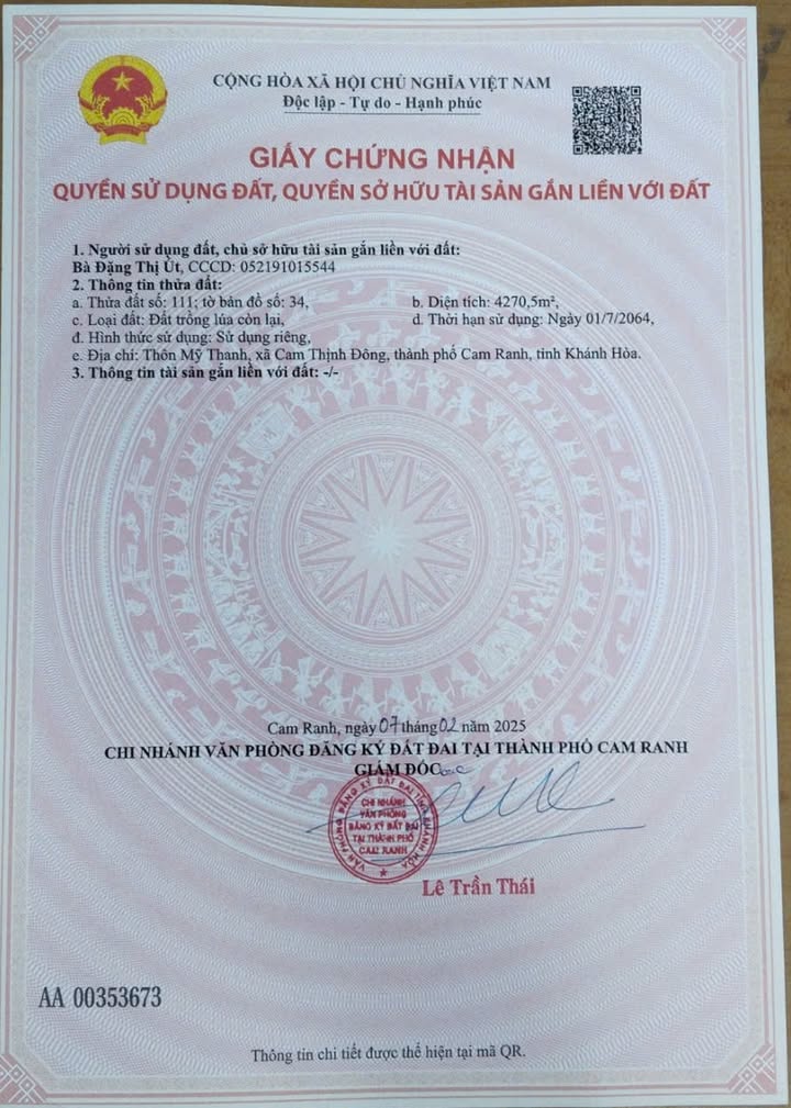 Đất lúa Cam Thịnh Đông 4270m² giá 1,36 tỷ - Phù hợp làm kho bãi và du lịch