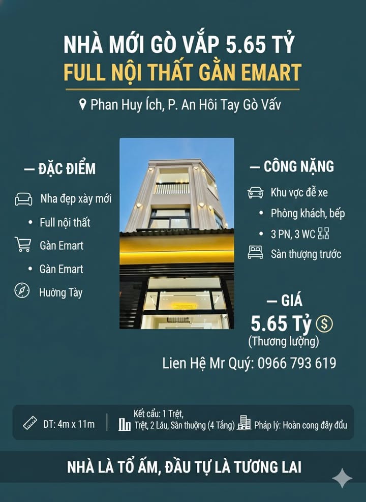 Nhà mới 4 tầng tại Gò Vấp 44m² giá 5.65 tỷ - Full nội thất, gần Emart