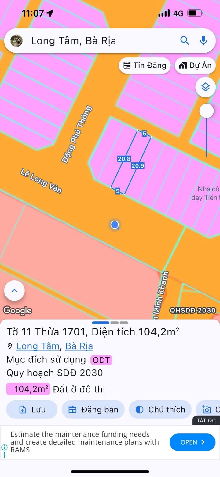 Đất thổ cư 100% tại đường Lê Long Vân, Bà Rịa 104m² giá 2.88 tỷ - Vị trí đẹp, đầu tư sinh lời!