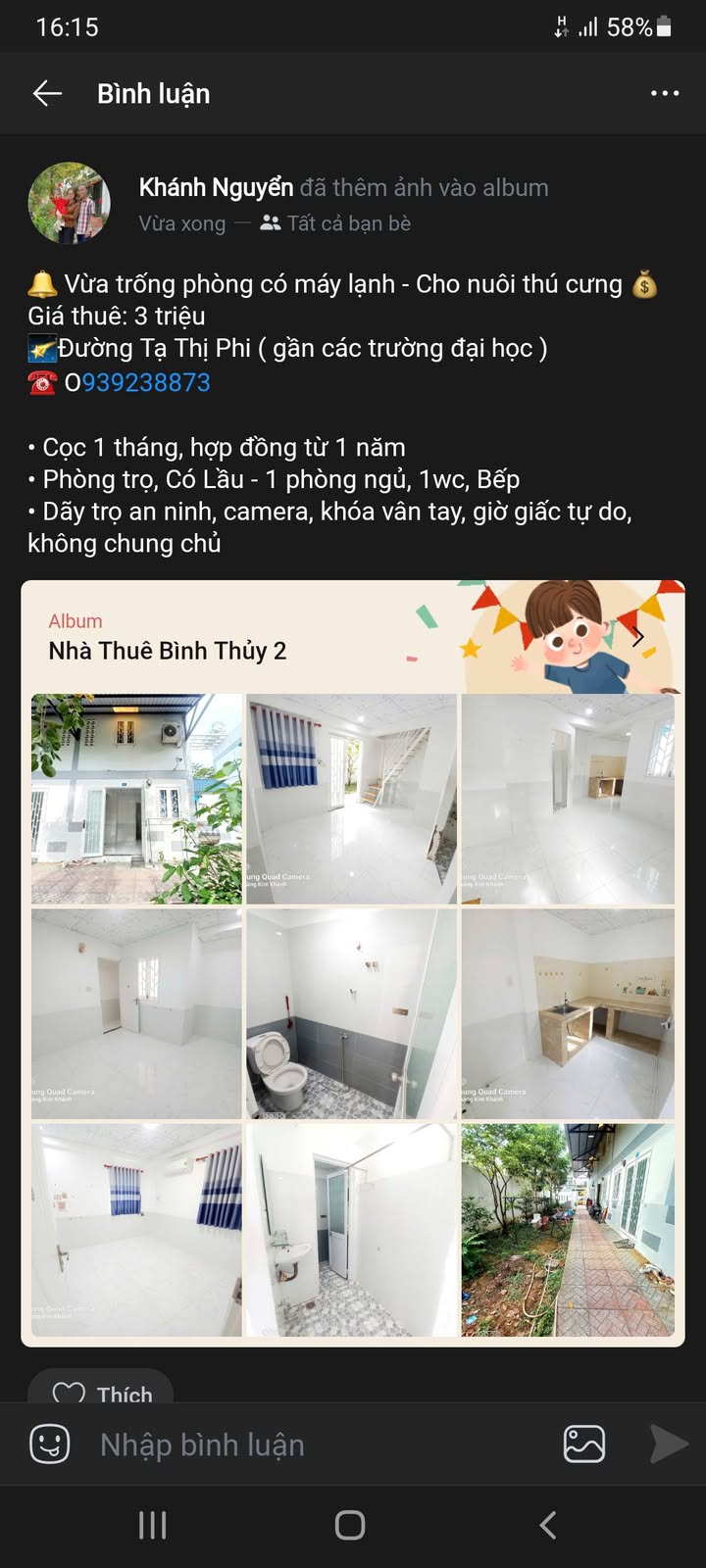 Phòng trọ quận Bình Thủy 1PN giá 3 triệu - Cho nuôi thú cưng