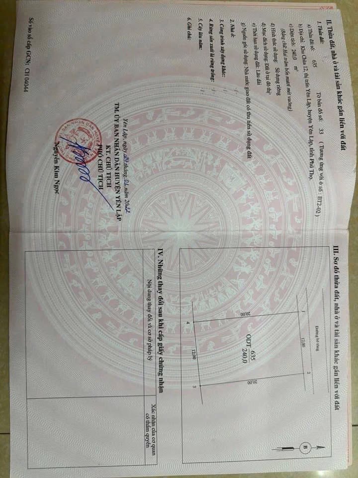 Đất thổ cư Yên Lập 240m² giá 1 tỷ - Vị trí đắc địa gần sân vận động!