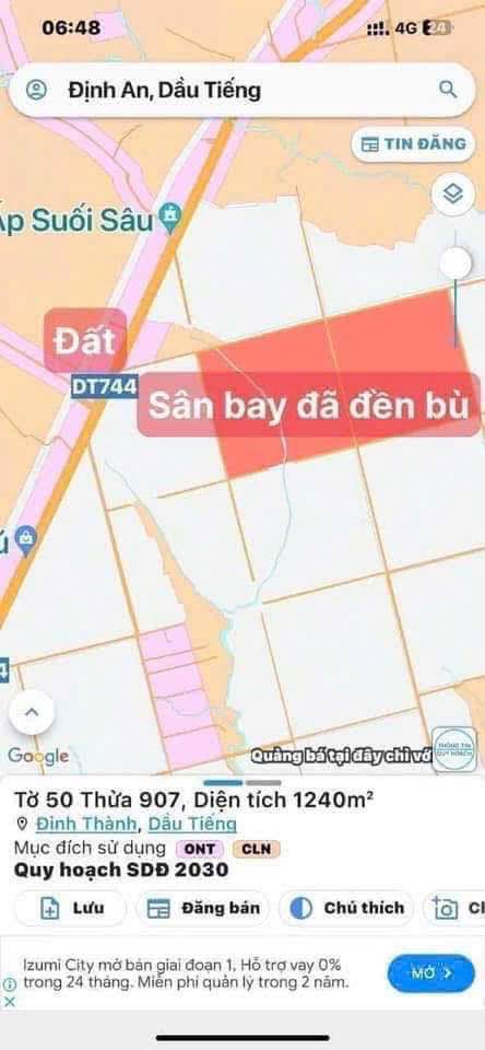 Đất chính chủ 813m² ĐT744 Định Thành, Dầu Tiếng - Giá chỉ 1.2 tỷ!