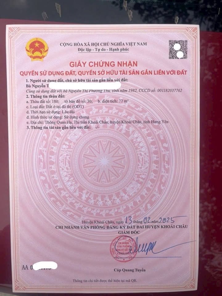 Đất thổ cư Thị Trấn Khoái Châu 77m² giá 1 tỷ - Đường ô tô thông thoáng!