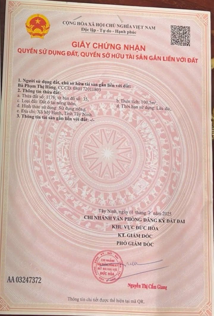 Đất thổ cư chính chủ Mỹ Hạnh Nam 100m² - Bán gấp chỉ 650 triệu!