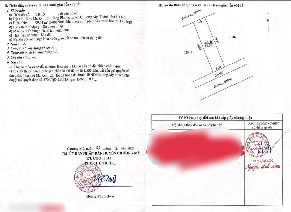 Đất thổ cư Hồng Phong Chương Mỹ 99m² giá 2 tỷ - Mặt đường kinh doanh tiềm năng!