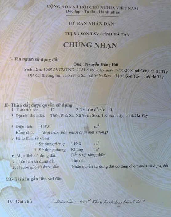 Đất thổ cư 150m² tại phường Sơn Tây, Hà Nội - Sổ đỏ chính chủ, giá chỉ 1.3 tỷ!