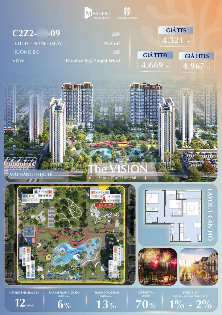 Căn hộ Masteri Era Landmark Hưng Yên 59m² giá 4.321 tỷ - Sống giữa thiên nhiên tuyệt đẹp!