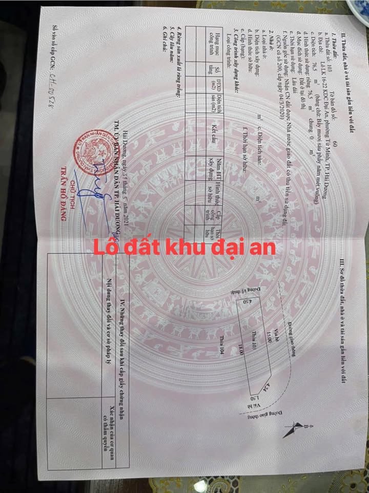 Lô góc KĐT Đại An, P. Tứ Minh 76,5m² giá 3 tỷ - Vị trí vàng hiếm có!