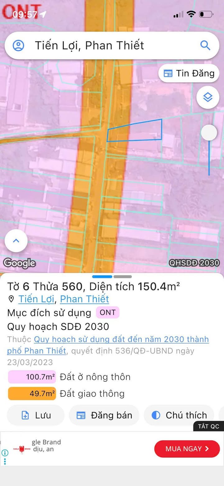 Đất thổ cư Tiến Hoà, Phan Thiết 145m² giá chỉ 1.55 tỷ - Đường lớn ô tô tránh nhau!