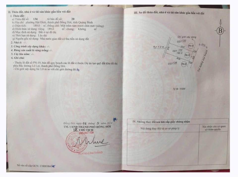 Đất nền đường 30/4 Đồng Hới 192m² giá 6 tỷ - Vị trí đẹp, hướng Đông Nam!