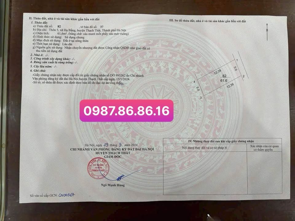 Đất thổ cư Hạ Bằng 61.6m² giá 1.9 tỷ - Cơ hội đầu tư hiếm có!