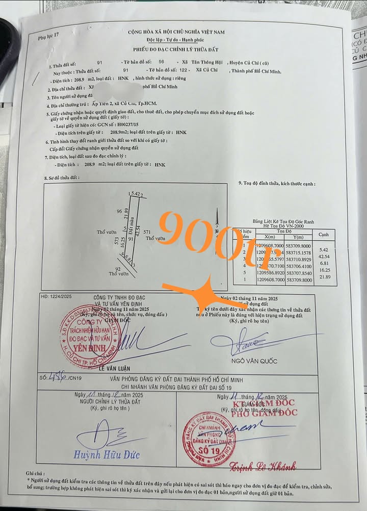 Đất nền 208m² tại xã Tân Thông Hội, Củ Chi - Giá 900 triệu, thương lượng!