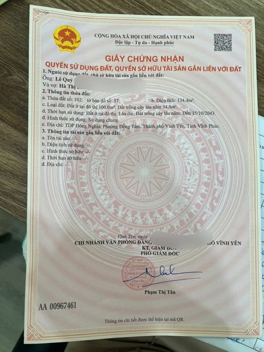 Đất nền chính chủ tại Đông Nghĩa - Vĩnh Yên 134m² giá 2 tỷ - Cơ hội đầu tư tuyệt vời!