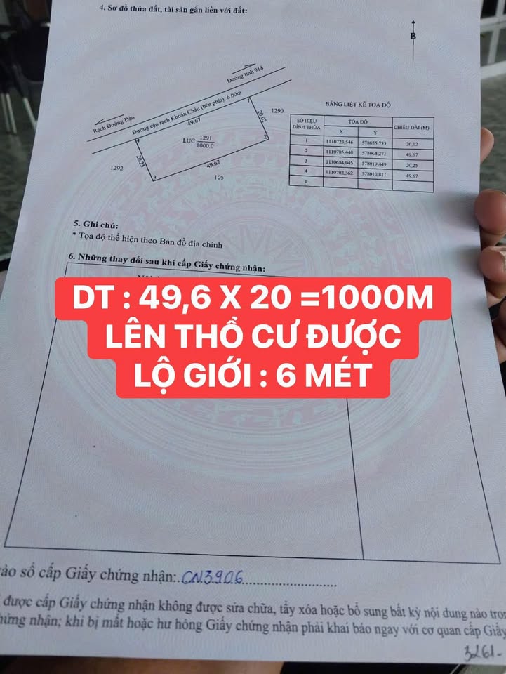 Đất nền mặt tiền Rạch Khoán Châu, Cần Thơ 1000m² giá chỉ 6.9 tỷ - Đầu tư sinh lời ngay!