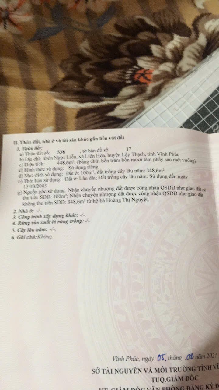 Đất đẹp 448,6m² tại xã Liên Hòa, huyện Lập Thạch - Giá chỉ 2.1 tỷ!