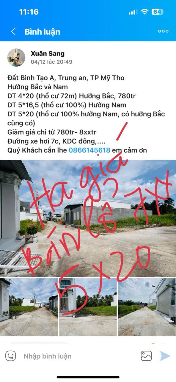 Đất thổ cư 100m² tại ấp Bình Tạo A, Mỹ Tho chỉ 700 triệu - Cơ hội đầu tư hấp dẫn!