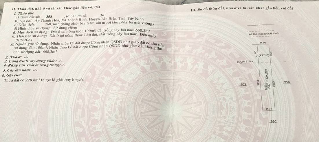 Đất thổ cư 680m² mặt tiền DT 795, xã Thạnh Bình, giá 854 triệu - Cơ hội đầu tư hấp dẫn!