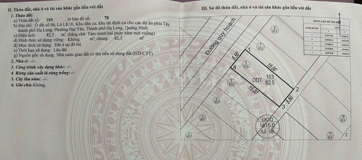 Đất nền Hạ Long 82m² giá chỉ 20 triệu/m² - Cơ hội đầu tư tốt!