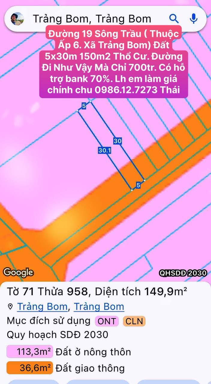 Đất thổ cư 150m² đường 19, Trảng Bom - Giá chỉ 700 triệu!