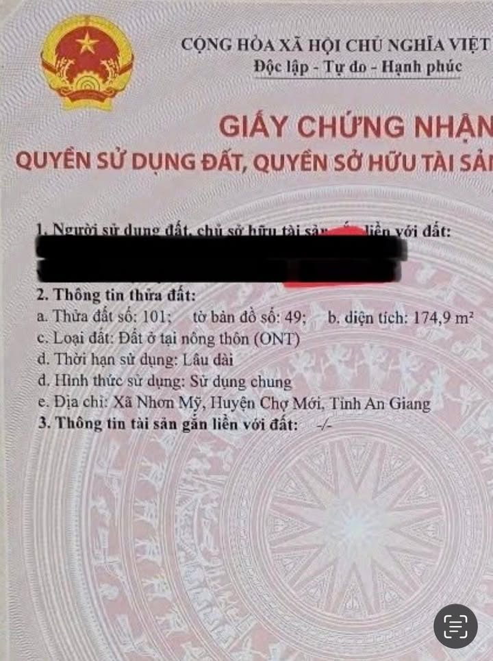 Đất thổ cư 209m² tại Nhơn Mỹ, Chợ Mới giá 800 triệu - Cơ hội đầu tư tốt!