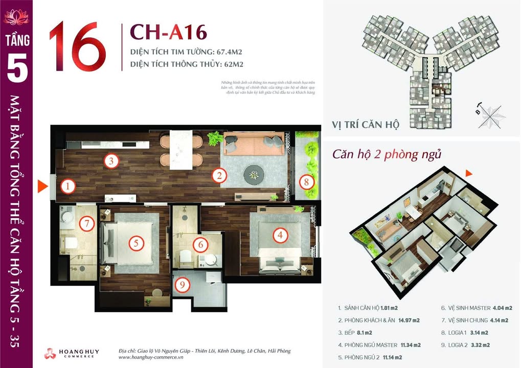 Căn hộ Hoang Huy Commerce Hải Phòng 62m² giá 2.55 tỷ - Tầng cao, thiết kế thông minh!