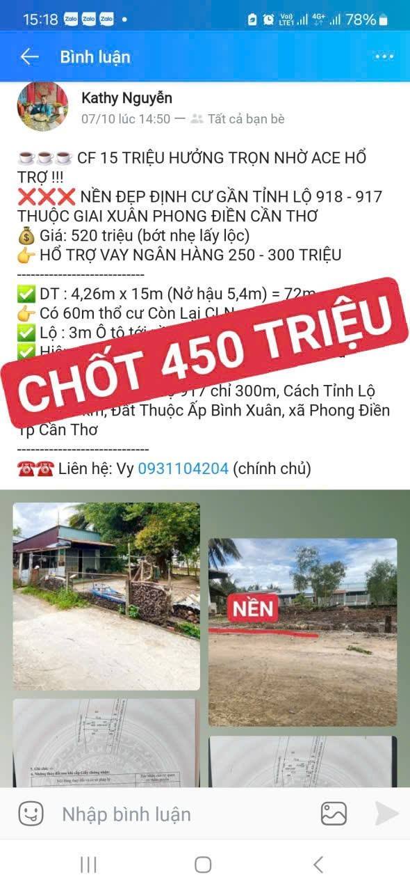 Đất nền Phong Điền Cần Thơ 72m² giá 450 triệu - Cơ hội đầu tư hấp dẫn!