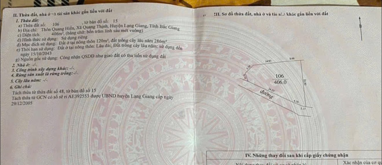 Đất thổ cư Quang Thịnh Lạng Giang 406m² giá chỉ 1.5 tỷ - Đầu tư sinh lời ngay!