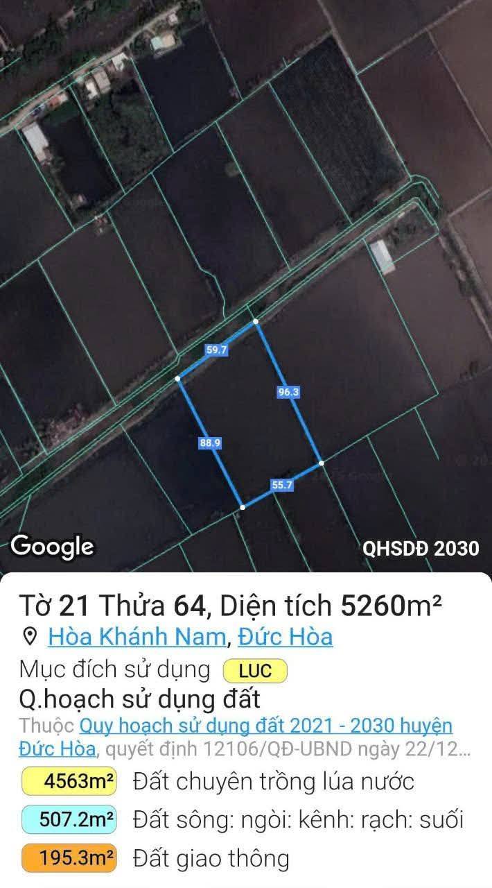 Đất nền 5260m² tại xã Hòa Khánh Nam, Đức Hòa - Giá 3.4 tỷ, cơ hội đầu tư hiếm có!