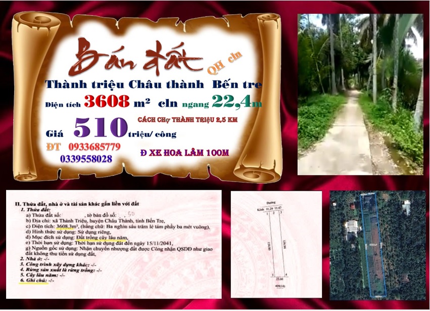 Đất vườn 3608m² xã Thành Triệu, huyện Châu Thành, Bến Tre - Giá 1.84 tỷ, pháp lý rõ ràng!