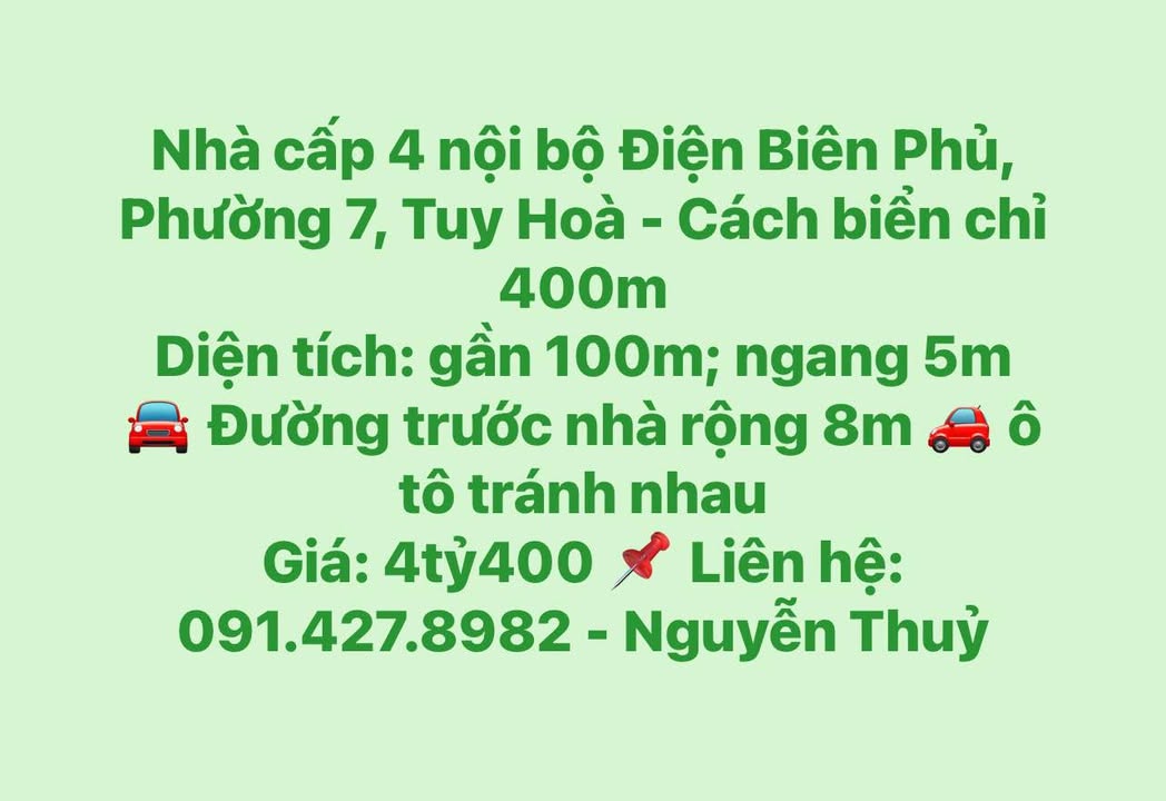 Nhà cấp 4 Điện Biên Phủ, Tuy Hoà 100m² giá 4.4 tỷ - Cách biển chỉ 400m!