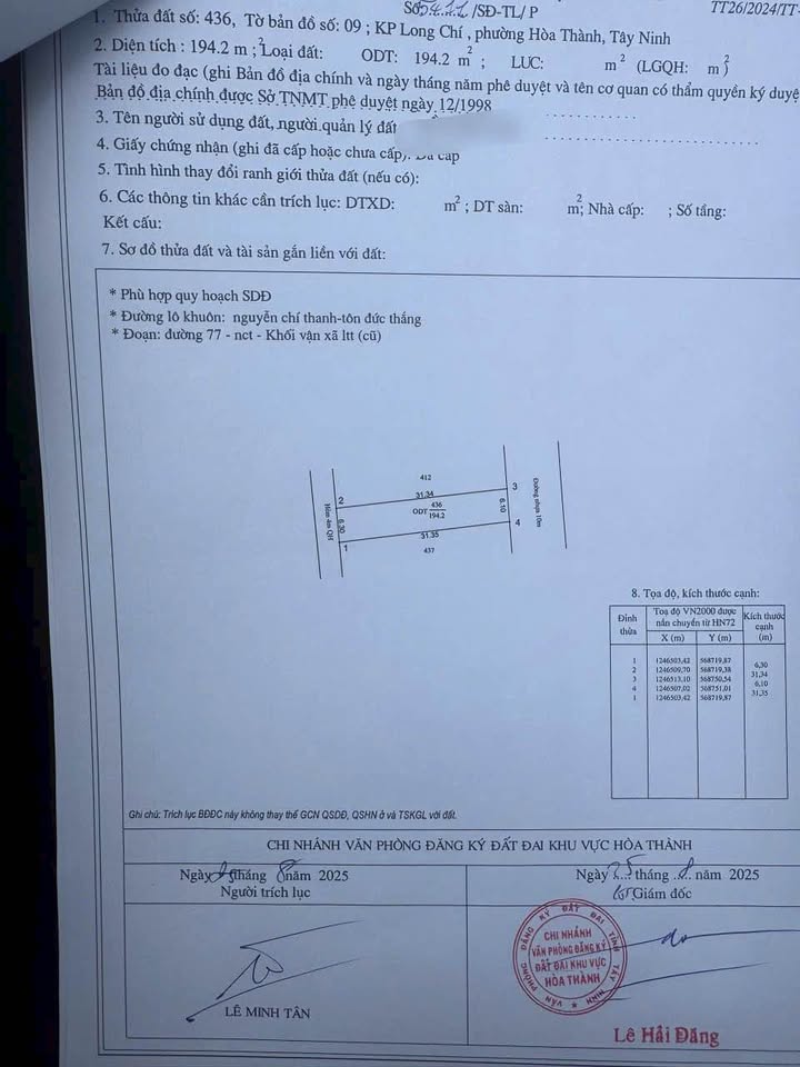 Đất nền chính chủ phường Hoà Thành, Tây Ninh 192m² - Sổ hồng đầy đủ, giá tốt thương lượng!