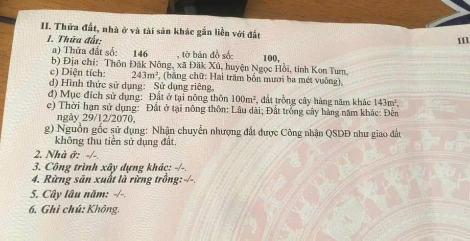 Đất thổ cư 243m² tại Đăk Xú, Ngọc Hồi, giá chỉ 330 triệu - Sổ đỏ chính chủ!