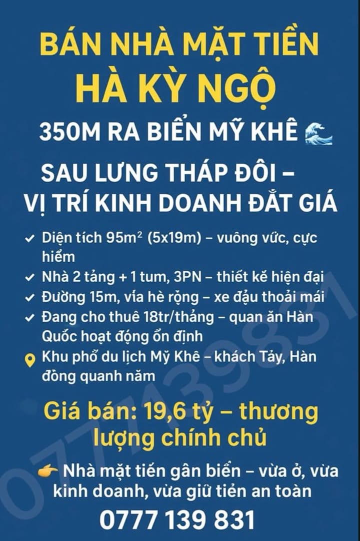 Nhà mặt tiền Hà Kỳ Ngộ 95m² giá 19.6 tỷ - Kinh doanh đắc địa gần biển Mỹ Khê!