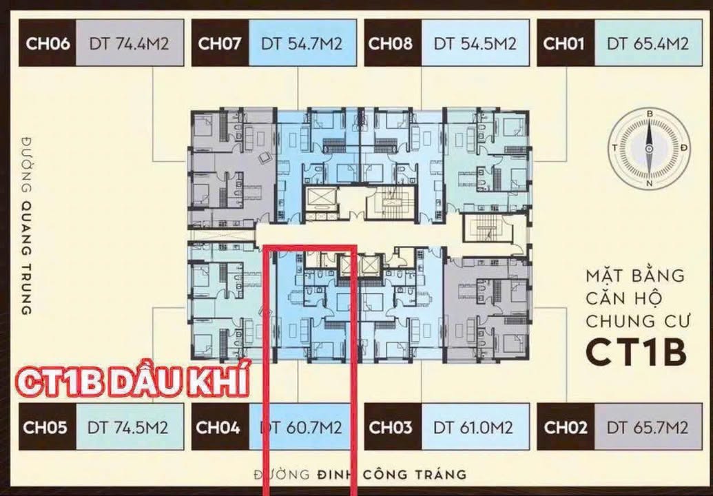 Chung cư Dầu Khí CT1B Vinh 60,7m² giá 3.024 tỷ - Tầng trung đẹp, mặt đường Đinh Công Tráng!