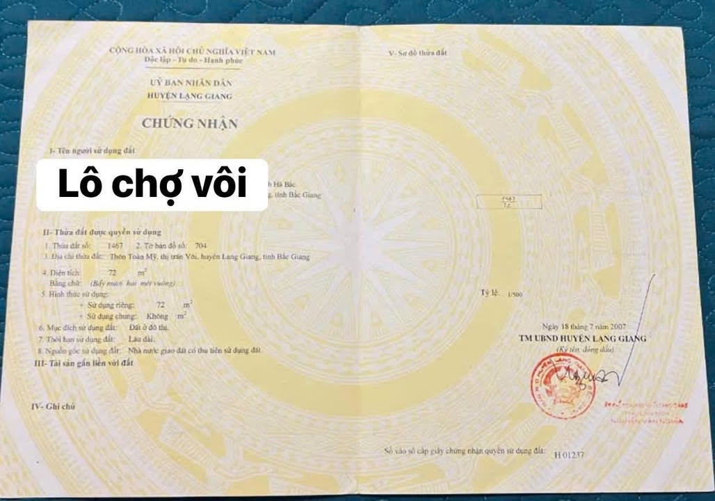 Đất đấu giá 72m² cổng chợ Vôi, Lạng Giang - Cơ hội đầu tư tuyệt vời!