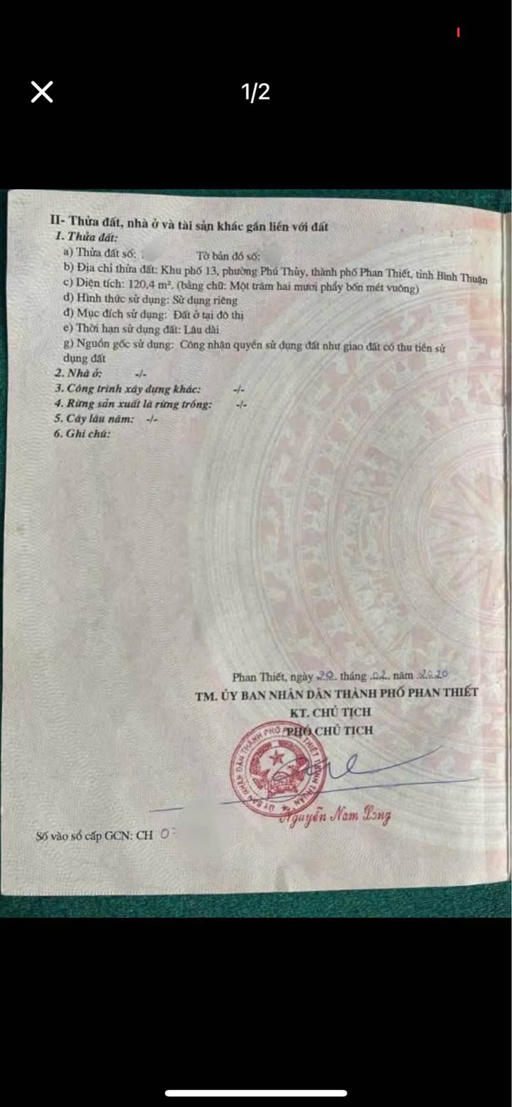 Đất thổ cư Phú Thuỷ, Phan Thiết 120m² giá chỉ 1.3 tỷ - Khu vực phát triển!