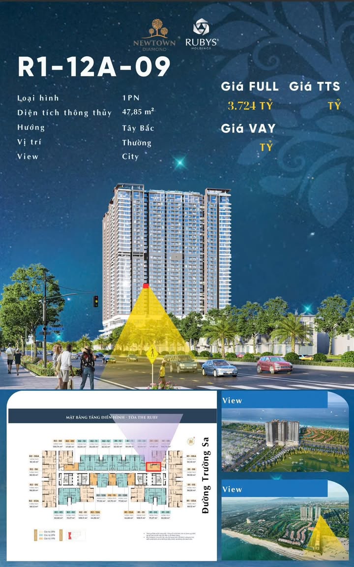 Căn hộ New Town Diamond Đà Nẵng 48m² giá 3.7 tỷ - Sở hữu lâu dài mặt biển!
