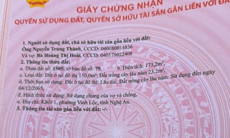 Đất nền xã Nghi Phong, Nghi Lộc 173.2m² giá 5.888 tỷ - Sổ đỏ chính chủ, xây dựng tự do!