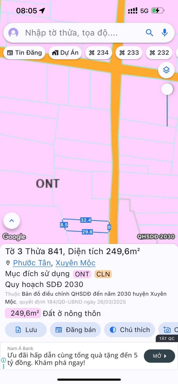 Đất Phước Tân, Xuyên Mộc 256m² giá 1.2 tỷ - Vị trí đẹp, cơ hội đầu tư sinh lời!