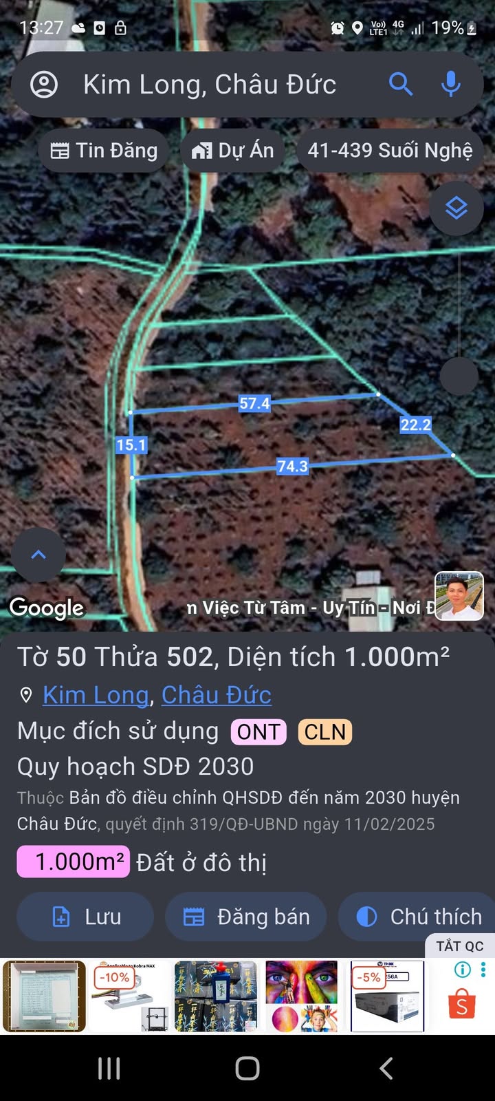 Đất Kim Long Châu Đức 1110m² giá 2 tỷ - Thích hợp xây nhà vườn, biệt thự!