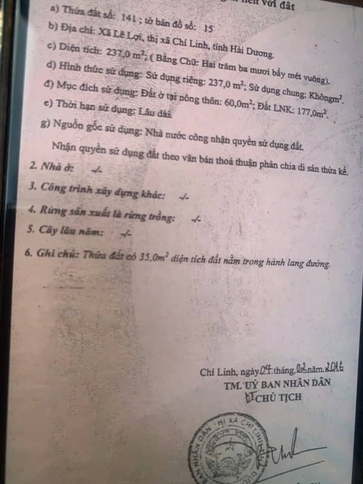 Đất mặt tiền Quốc lộ 37, phường Lê Lợi, Chí Linh 237m² giá 1.45 tỷ - Cơ hội đầu tư hiếm có!