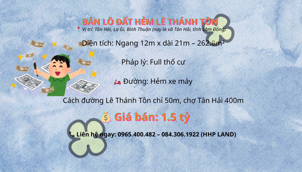 Đất nền Tân Hải La Gi 262m² giá 1.5 tỷ - Đầu tư sinh lời, vị trí đẹp!